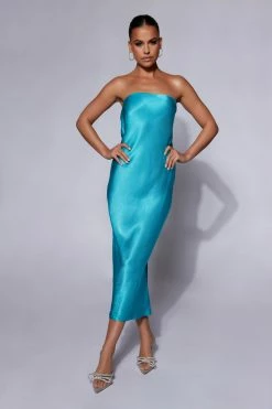 JLW DRESSES Tyler Strapless Satin Midi Dress - Cyan Blue
