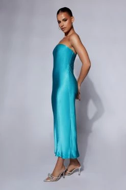 JLW DRESSES Tyler Strapless Satin Midi Dress - Cyan Blue