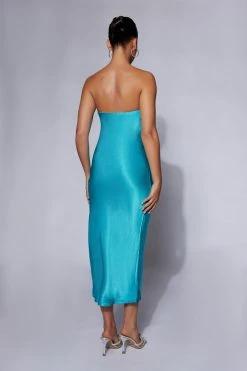 JLW DRESSES Tyler Strapless Satin Midi Dress - Cyan Blue