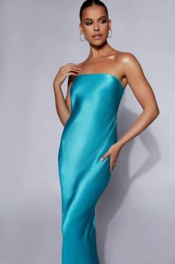 JLW DRESSES Tyler Strapless Satin Midi Dress - Cyan Blue