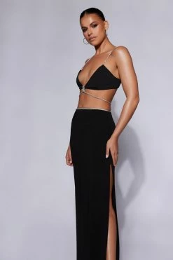 AMC Sweeney Diamante Maxi Skirt With Split - Black