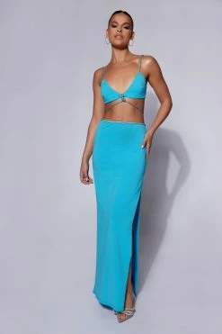 AMC Two Piece Sets Sweeney Diamante Maxi Skirt With Split - Cyan Blue