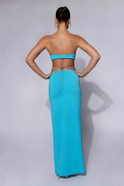 AMC Two Piece Sets Sweeney Diamante Maxi Skirt With Split - Cyan Blue