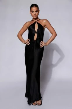 JLW Lucia Satin Cut Out Maxi Dress - Black DRESSES