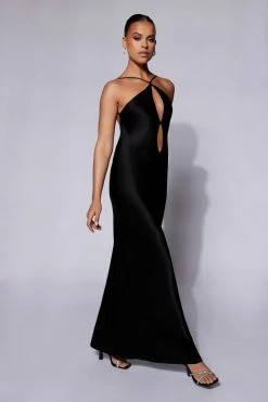 JLW Lucia Satin Cut Out Maxi Dress - Black DRESSES
