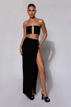 QNG Two Piece Sets Anastasia Diamante Rope Maxi Skirt With Split - Black
