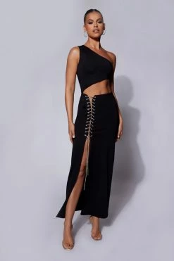WXI Margot One Shoulder Midi Dress With Diamante Rope - Black