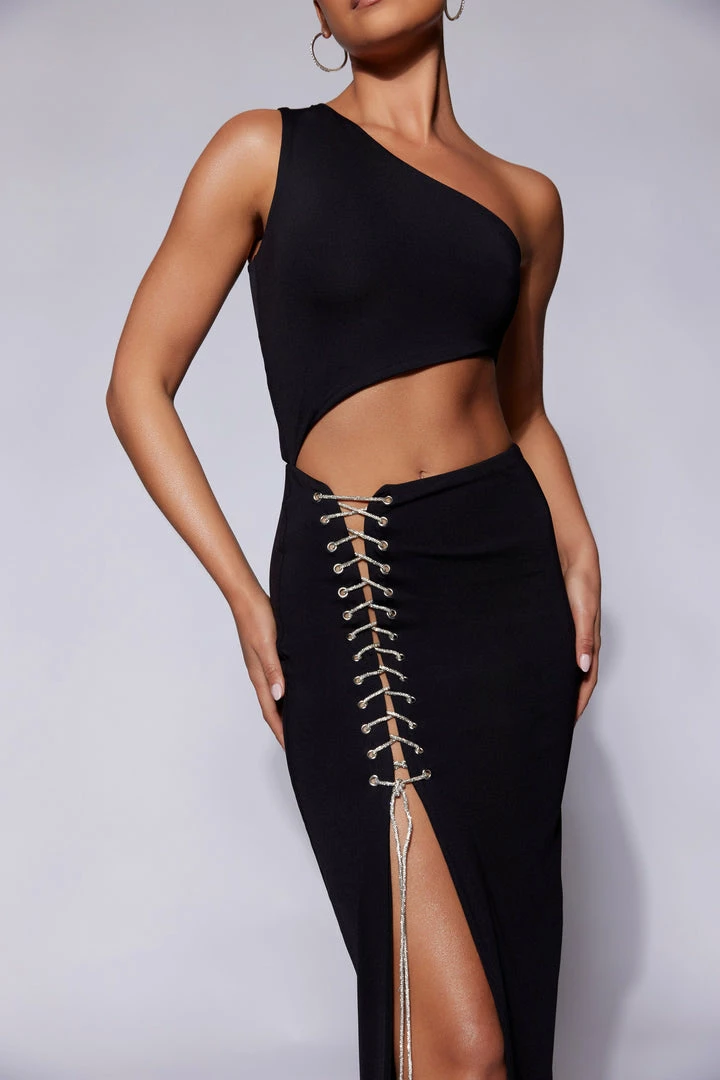 WXI Margot One Shoulder Midi Dress With Diamante Rope - Black 3 WXI Margot One Shoulder Midi Dress With Diamante Rope - Black