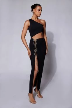 WXI Margot One Shoulder Midi Dress With Diamante Rope - Black 12 WXI Margot One Shoulder Midi Dress With Diamante Rope - Black