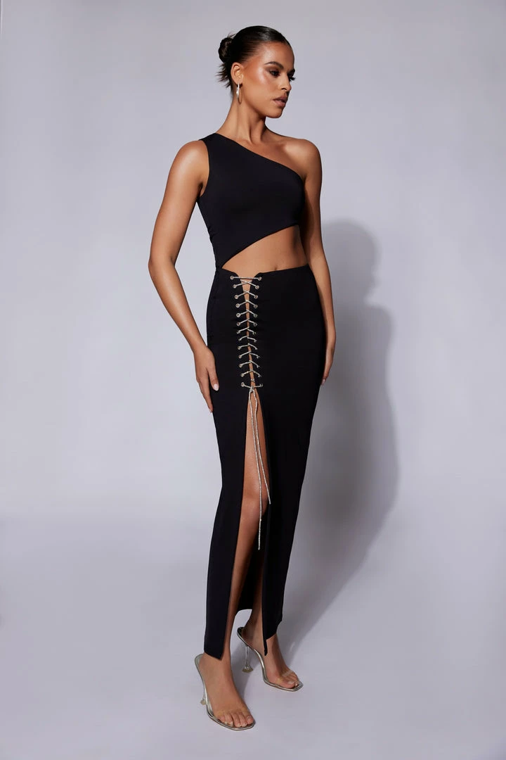 WXI Margot One Shoulder Midi Dress With Diamante Rope - Black 6 WXI Margot One Shoulder Midi Dress With Diamante Rope - Black