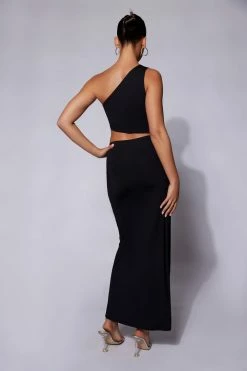 WXI Margot One Shoulder Midi Dress With Diamante Rope - Black