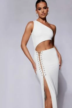 WXI Margot One Shoulder Midi Dress With Diamante Rope - White DRESSES 15 WXI Margot One Shoulder Midi Dress With Diamante Rope - White DRESSES
