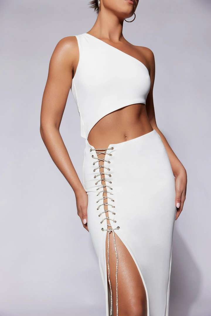 WXI Margot One Shoulder Midi Dress With Diamante Rope - White DRESSES 6 WXI Margot One Shoulder Midi Dress With Diamante Rope - White DRESSES