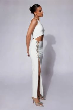 WXI Margot One Shoulder Midi Dress With Diamante Rope - White DRESSES 16 WXI Margot One Shoulder Midi Dress With Diamante Rope - White DRESSES
