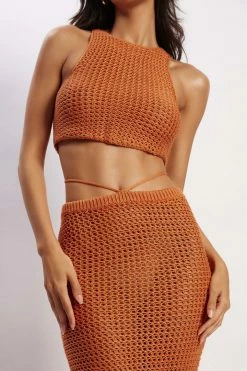 SKY Two Piece Sets Raquel Crochet Lace Up Back Top - Burnt Orange