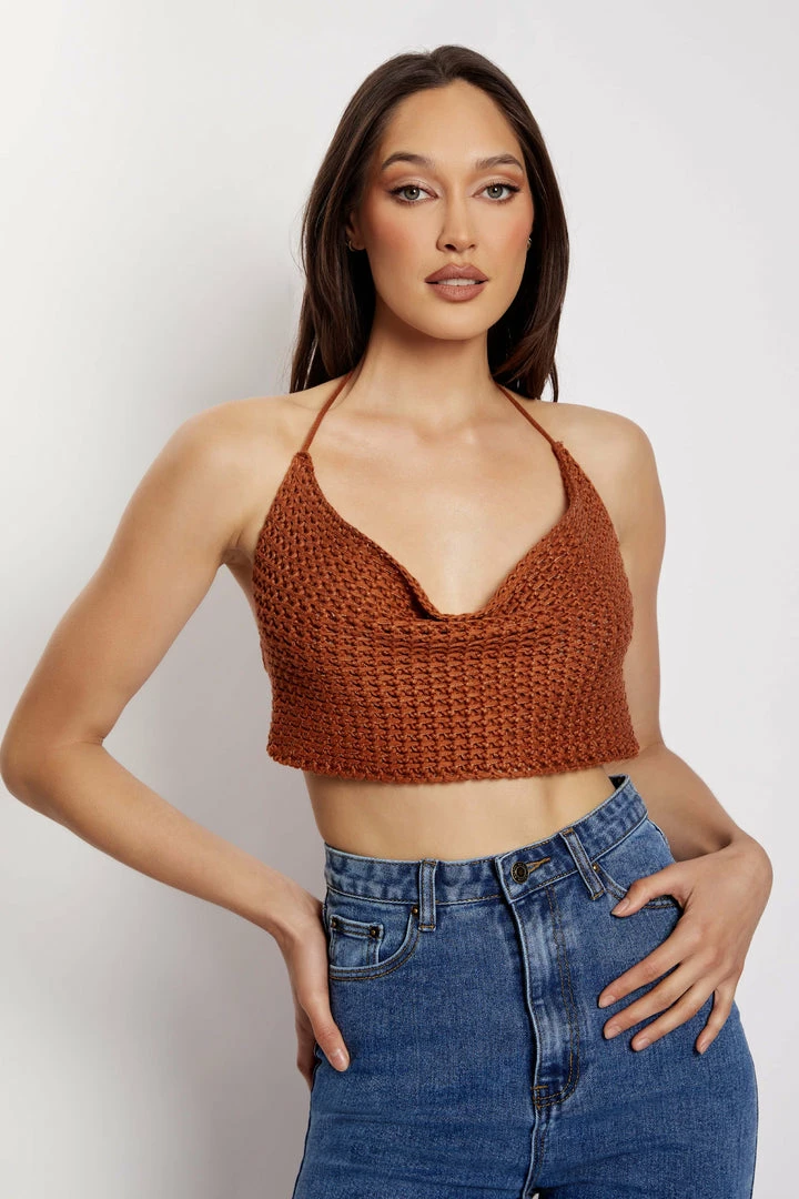 SKY All Tops Alicia Cowl Neck Crochet Crop Top - Biscuit 1 SKY All Tops Alicia Cowl Neck Crochet Crop Top - Biscuit