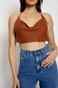 SKY All Tops Alicia Cowl Neck Crochet Crop Top - Biscuit 10 SKY All Tops Alicia Cowl Neck Crochet Crop Top - Biscuit