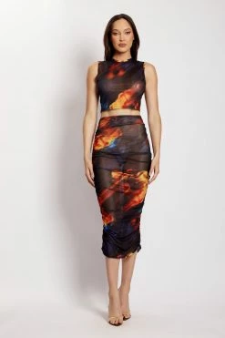 ROM Nessa Mesh Ruched Midaxi Skirt - Abstract Floral Two Piece Sets