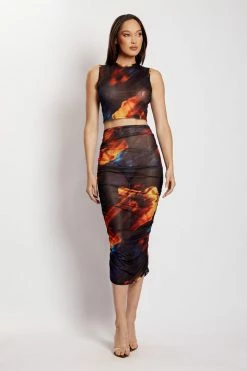ROM Nessa Mesh Ruched Midaxi Skirt - Abstract Floral Two Piece Sets