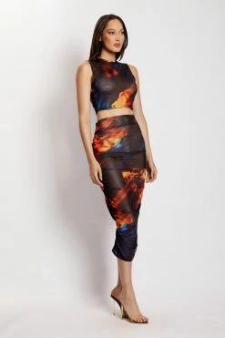 ROM Nessa Mesh Ruched Midaxi Skirt - Abstract Floral Two Piece Sets