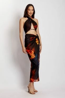 ROM Two Piece Sets Georgia Printed Chiffon Wrap Split Skirt - Abstract Floral