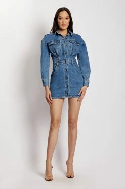 EMS Meshelle Long Sleeve Button Through Denim Mini Dress - Light Blue DRESSES