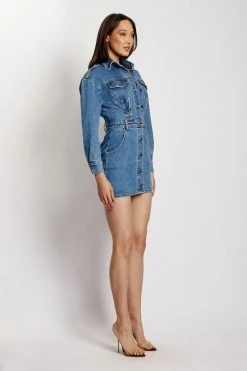EMS Meshelle Long Sleeve Button Through Denim Mini Dress - Light Blue DRESSES