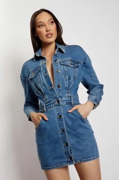 EMS Meshelle Long Sleeve Button Through Denim Mini Dress - Light Blue DRESSES