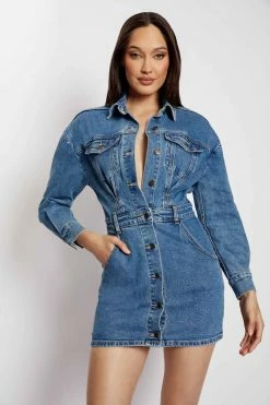 EMS Meshelle Long Sleeve Button Through Denim Mini Dress - Light Blue DRESSES