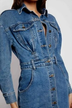 EMS Meshelle Long Sleeve Button Through Denim Mini Dress - Light Blue DRESSES