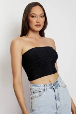 ROM Jennifer Shimmer Strapless Crop Top - Navy Shimmer All Tops