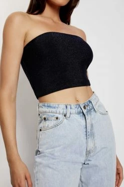 ROM Jennifer Shimmer Strapless Crop Top - Navy Shimmer All Tops