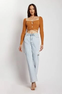 WXI Janet Long Sleeve Cut Out Top - Biscuit All Tops