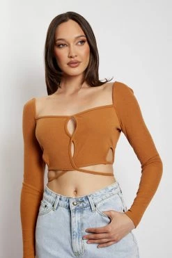 WXI Janet Long Sleeve Cut Out Top - Biscuit All Tops