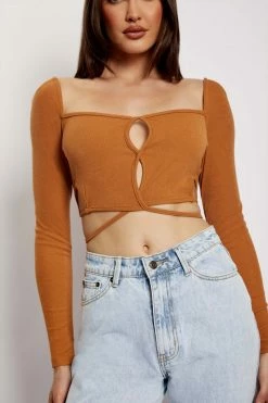WXI Janet Long Sleeve Cut Out Top - Biscuit All Tops