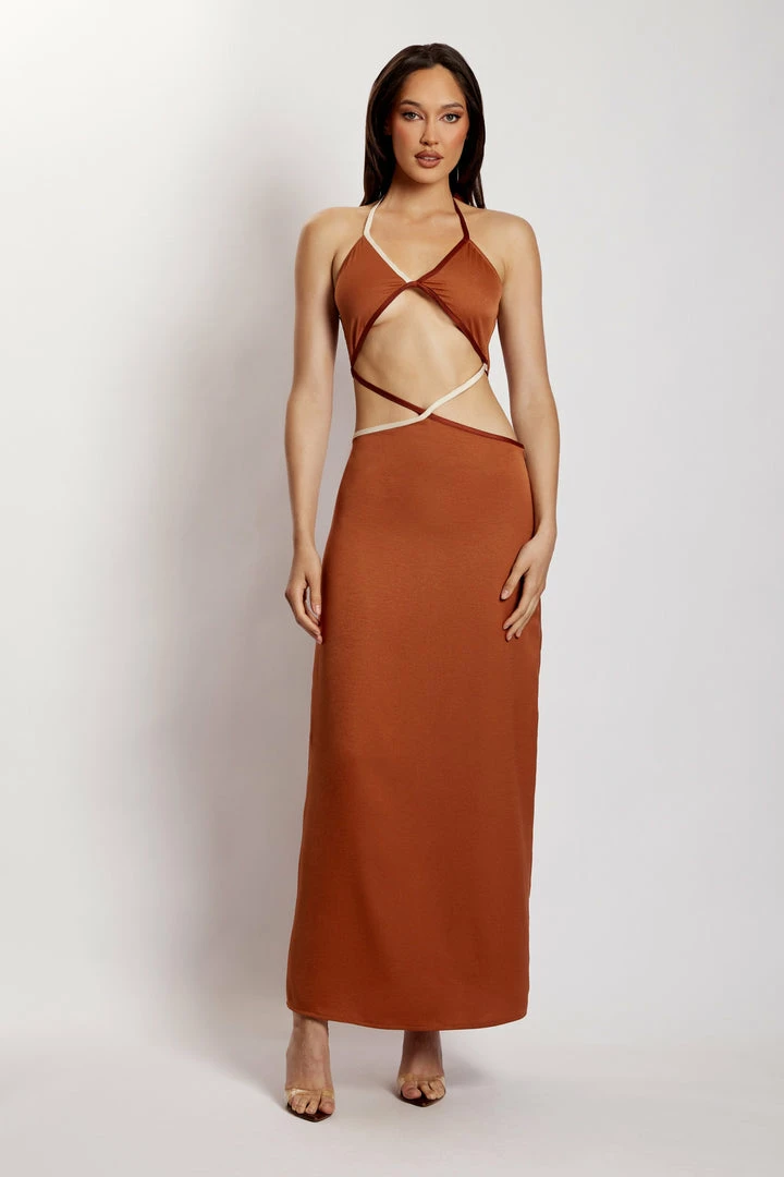 WNT Gemma Satin Contrast Binding Cut Out Dress - Biscuit DRESSES 4 WNT Gemma Satin Contrast Binding Cut Out Dress - Biscuit DRESSES