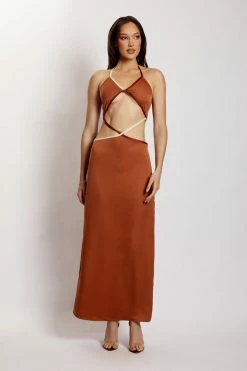 WNT Gemma Satin Contrast Binding Cut Out Dress - Biscuit DRESSES 16 WNT Gemma Satin Contrast Binding Cut Out Dress - Biscuit DRESSES