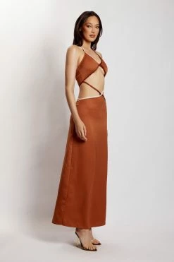 WNT Gemma Satin Contrast Binding Cut Out Dress - Biscuit DRESSES 17 WNT Gemma Satin Contrast Binding Cut Out Dress - Biscuit DRESSES