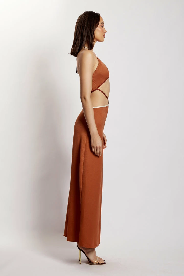 WNT Gemma Satin Contrast Binding Cut Out Dress - Biscuit DRESSES 9 WNT Gemma Satin Contrast Binding Cut Out Dress - Biscuit DRESSES