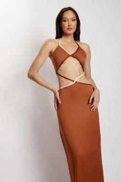 WNT Gemma Satin Contrast Binding Cut Out Dress - Biscuit DRESSES 20 WNT Gemma Satin Contrast Binding Cut Out Dress - Biscuit DRESSES