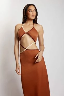 WNT Gemma Satin Contrast Binding Cut Out Dress - Biscuit DRESSES 15 WNT Gemma Satin Contrast Binding Cut Out Dress - Biscuit DRESSES