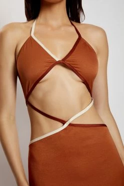 WNT Gemma Satin Contrast Binding Cut Out Dress - Biscuit DRESSES 21 WNT Gemma Satin Contrast Binding Cut Out Dress - Biscuit DRESSES