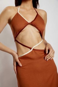 WNT Gemma Satin Contrast Binding Cut Out Dress - Biscuit DRESSES 18 WNT Gemma Satin Contrast Binding Cut Out Dress - Biscuit DRESSES