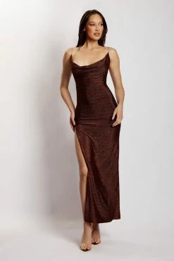 ROM DRESSES Tammy Shimmer Deep V Maxi Dress - Chocolate Shimmer