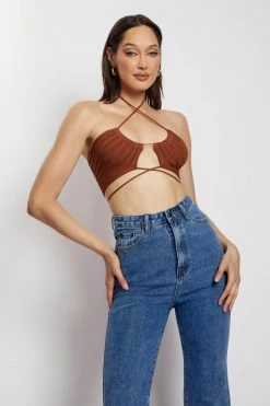 EMS Stacey Ruched Knit Halter Top - Chocolate