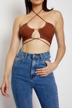 EMS Stacey Ruched Knit Halter Top - Chocolate