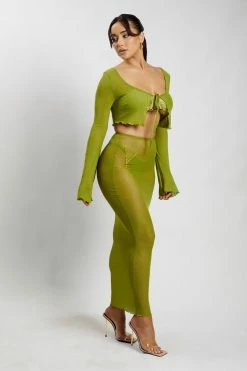 ROM Natalia Mesh Midi Skirt - Olive