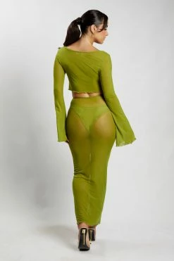 ROM Natalia Flare Sleeve Mesh Crop Top - Olive