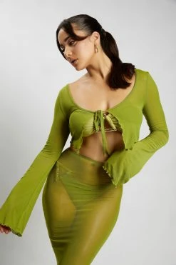 ROM Natalia Flare Sleeve Mesh Crop Top - Olive