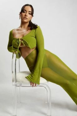 ROM Natalia Mesh Midi Skirt - Olive